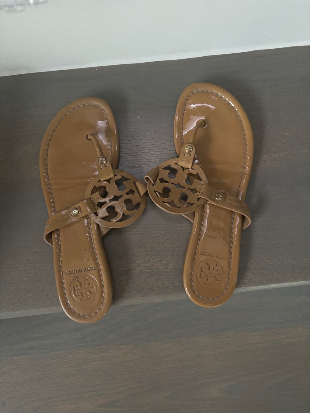 Tory Burch Brown Patent Miller Thong Sandals